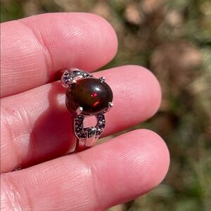 Natural Ethiopian Black Opal 10X8mm Rhodolite Garnet Accent 925 Silver Size 7.5